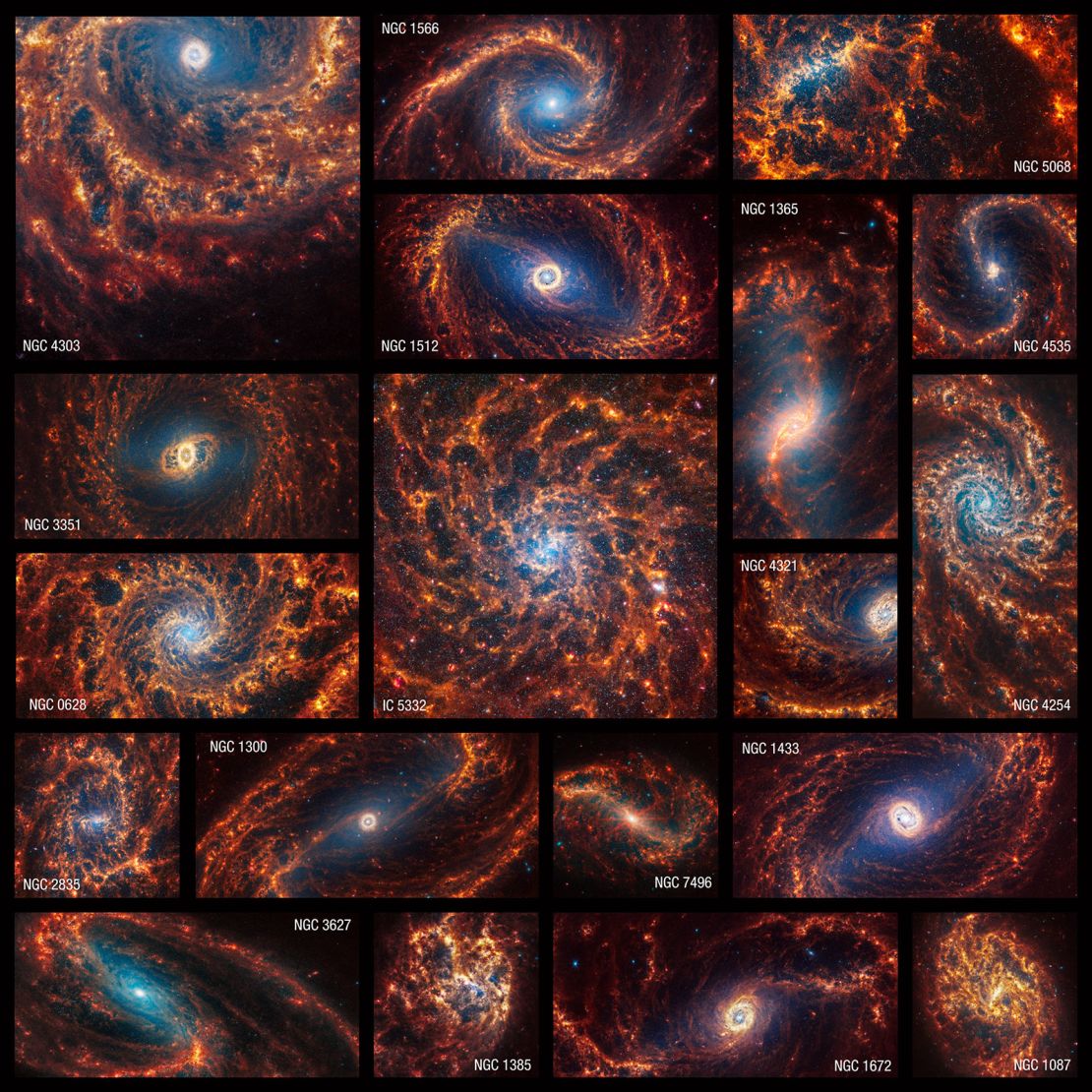 The James Webb Space Telescope captured images of 19 spiral galaxies in near- and mid-infrared light.