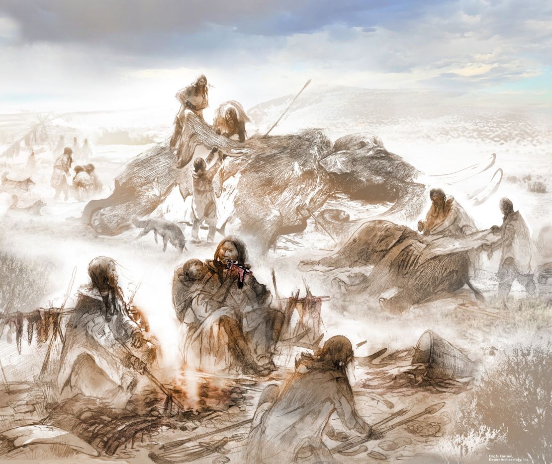 An artist’s reconstruction of Clovis life 13,000 years ago shows a toddler with his mother (center), who is depicted consuming mammoth meat near a hearth.