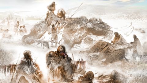 An artist’s reconstruction of Clovis life 13,000 years ago shows the Anzick-1 infant with his mother consuming mammoth meat near a hearth. Another individual crafts tools, including dart projectile points and atlatls. A mammoth butchery area is visible nearby. The scene is inspired by the La Prele mammoth site in Wyoming and set against the Montana landscape where the Anzick burial was discovered. 