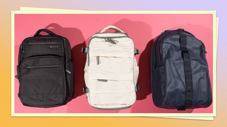 A photo of three travel backpacks on top of a pink background