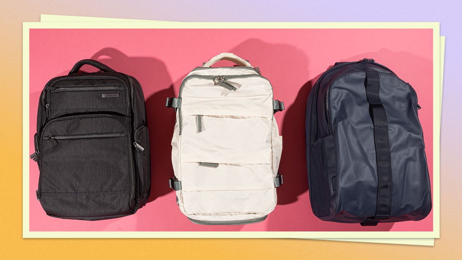 A photo of three travel backpacks on top of a pink background