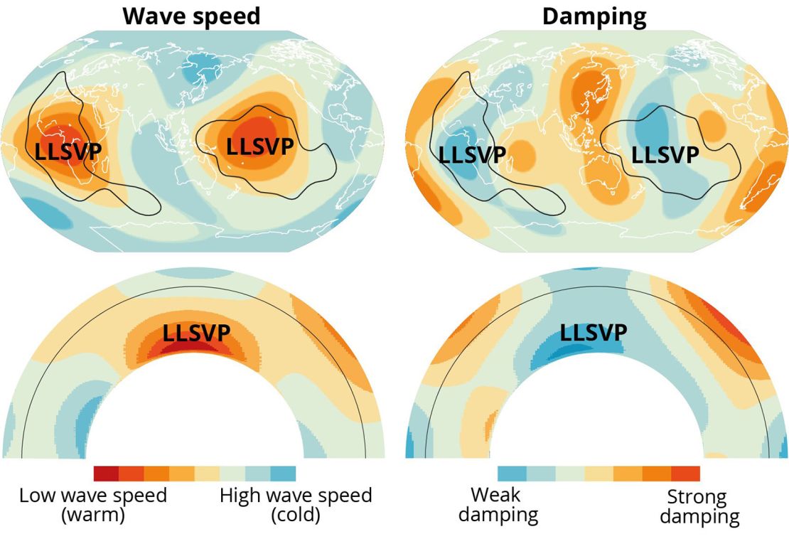 Land maps in the upper row show the positions of two buried supercontinents - also called large provinces of low shear or LLSVP - and how they affect speed and attenuation, or the damping of seismic waves. The lower row shows the same LLSVPS in a transverse cup view of the earth.