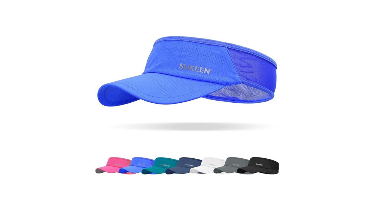 Blue visor hovering over smaller images of different color option visors in a line.