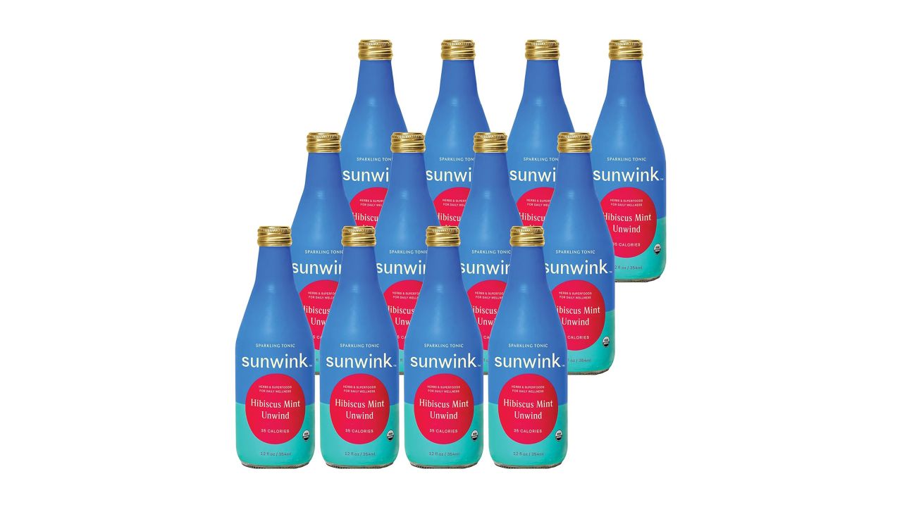 12 bottles of Sunwink Hibiscus Mint Unwind tonic against a white background