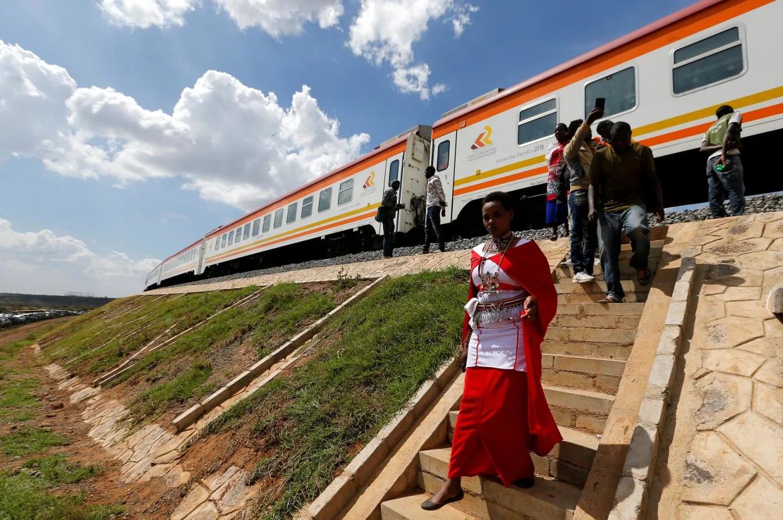 A train line of standard width line built by China Road and Bridge Corporation and funded by the Chinese government in Kimuka, Kenya, in 2019.