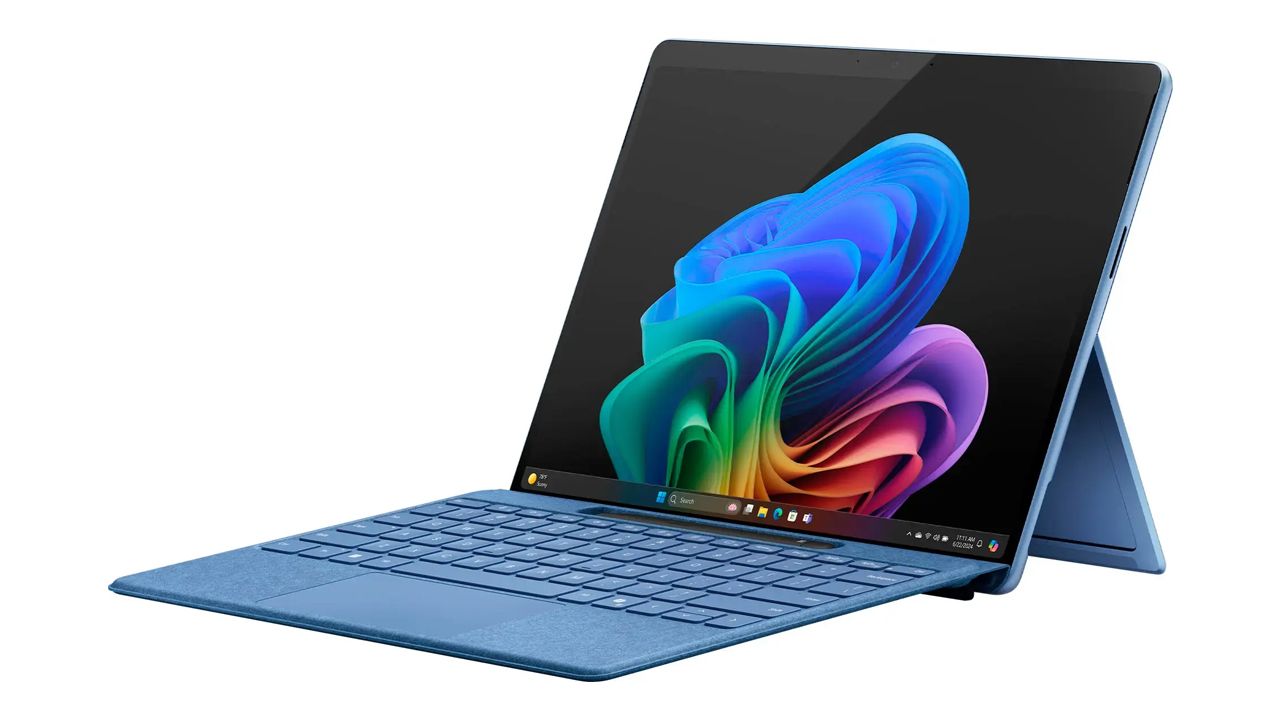 Microsoft Surface Pro 11th Edition with a blue keyboard