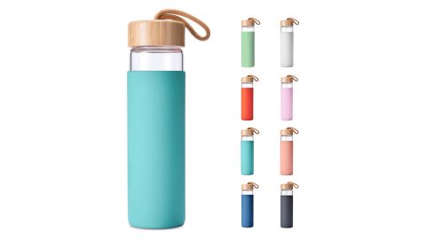 Yomious 20-Ounce Borosilicate Glass Water Bottle with Bamboo Lid and Silicone Sleeve