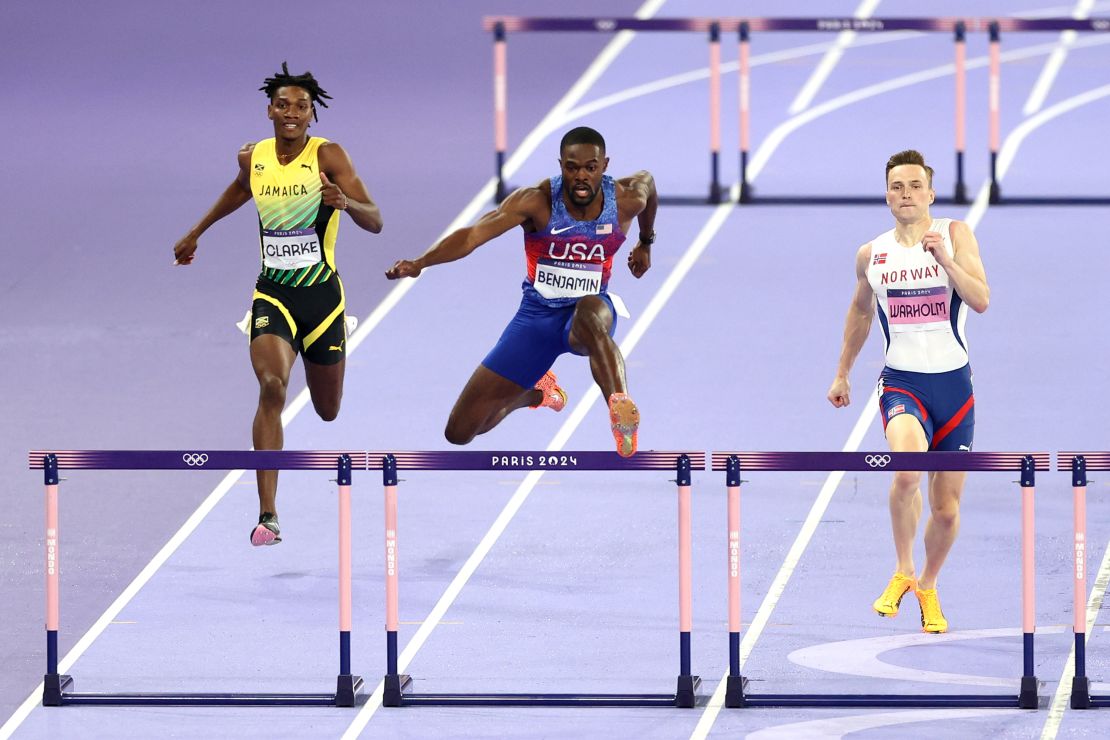 PARIS, FRANCE - AUGUST 09: Rai Benjamin of Team United States  competes during the Men's 400m Hurdles Final on day fourteen of the Olympic Games Paris 2024 at Stade de France on August 09, 2024 in Paris, France. (Photo by Luke Hales/Getty Images)