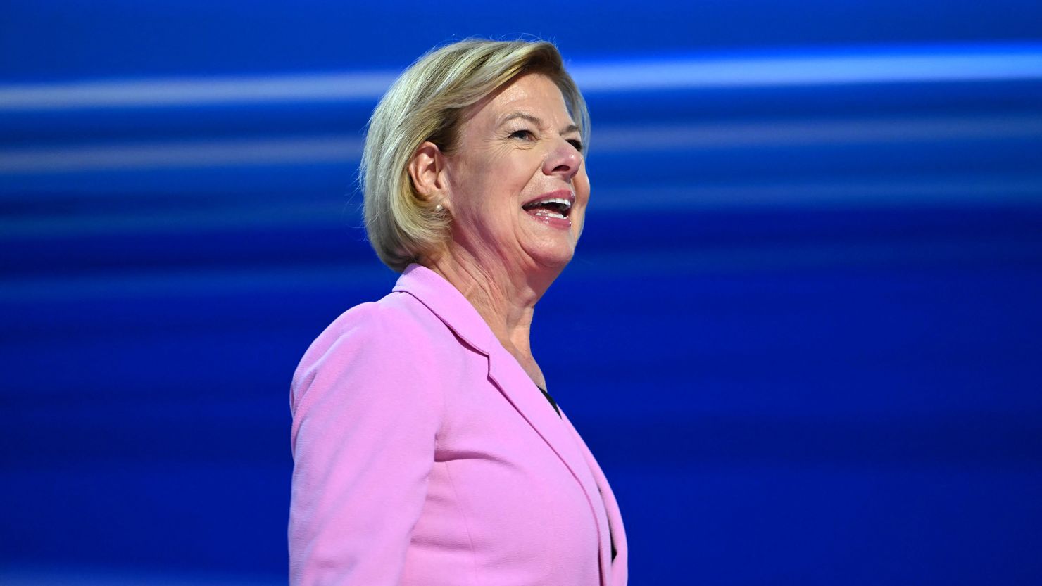 Wisconsin Sen. Tammy Baldwin arrives to speak at the Democratic National Convention in Chicago on August 22, 2024.