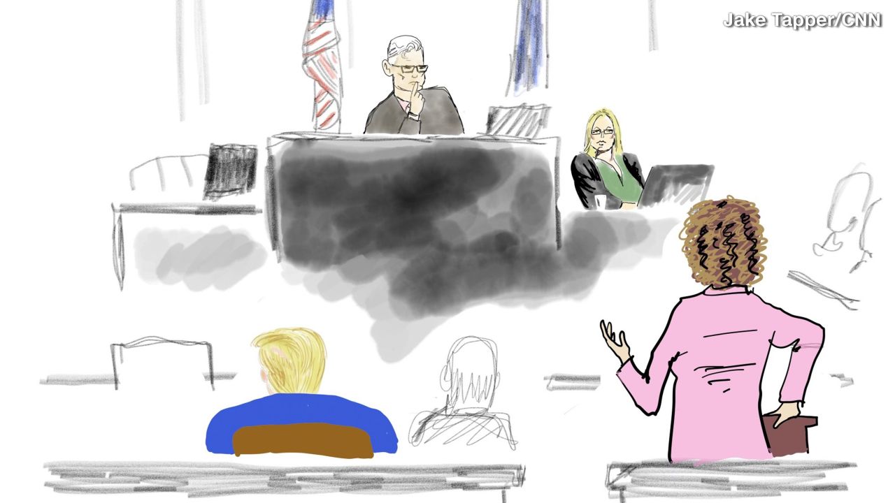 This sketch by CNN's Jake Tapper shows Stormy Daniels on the witness stand on Thursday, May 9. At the bottom right is defense attorney Susan Necheles.