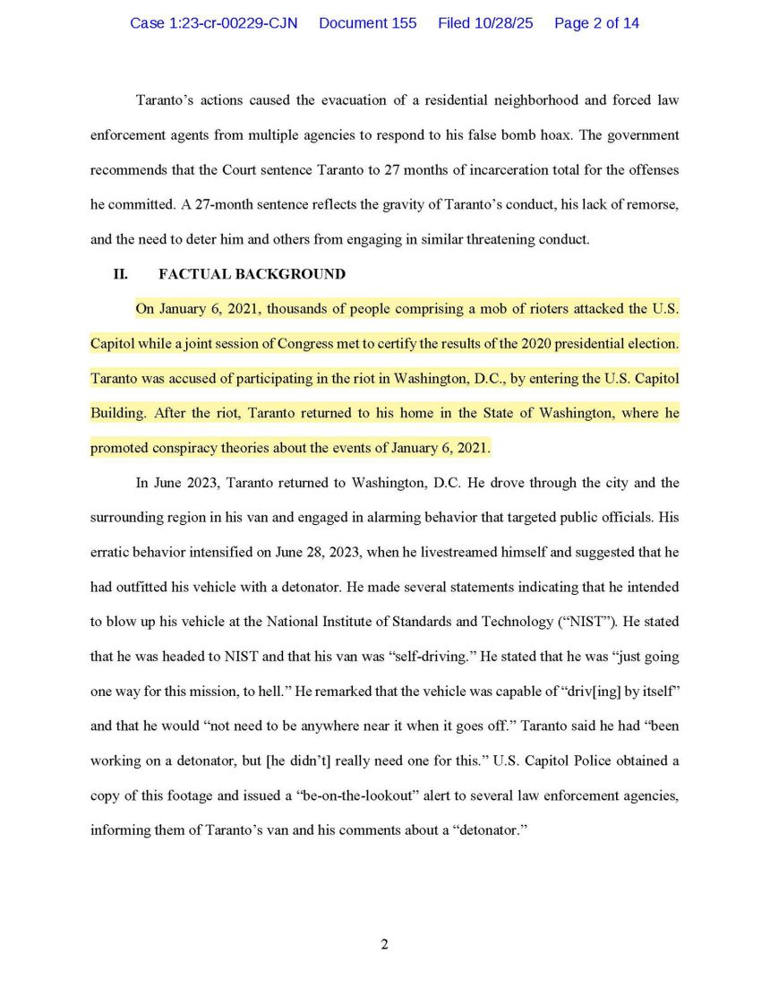 Page two of the original sentencing memo for Taylor Franklin Taranto. The highlighted portion shows text that was removed when the memo was re-filed.