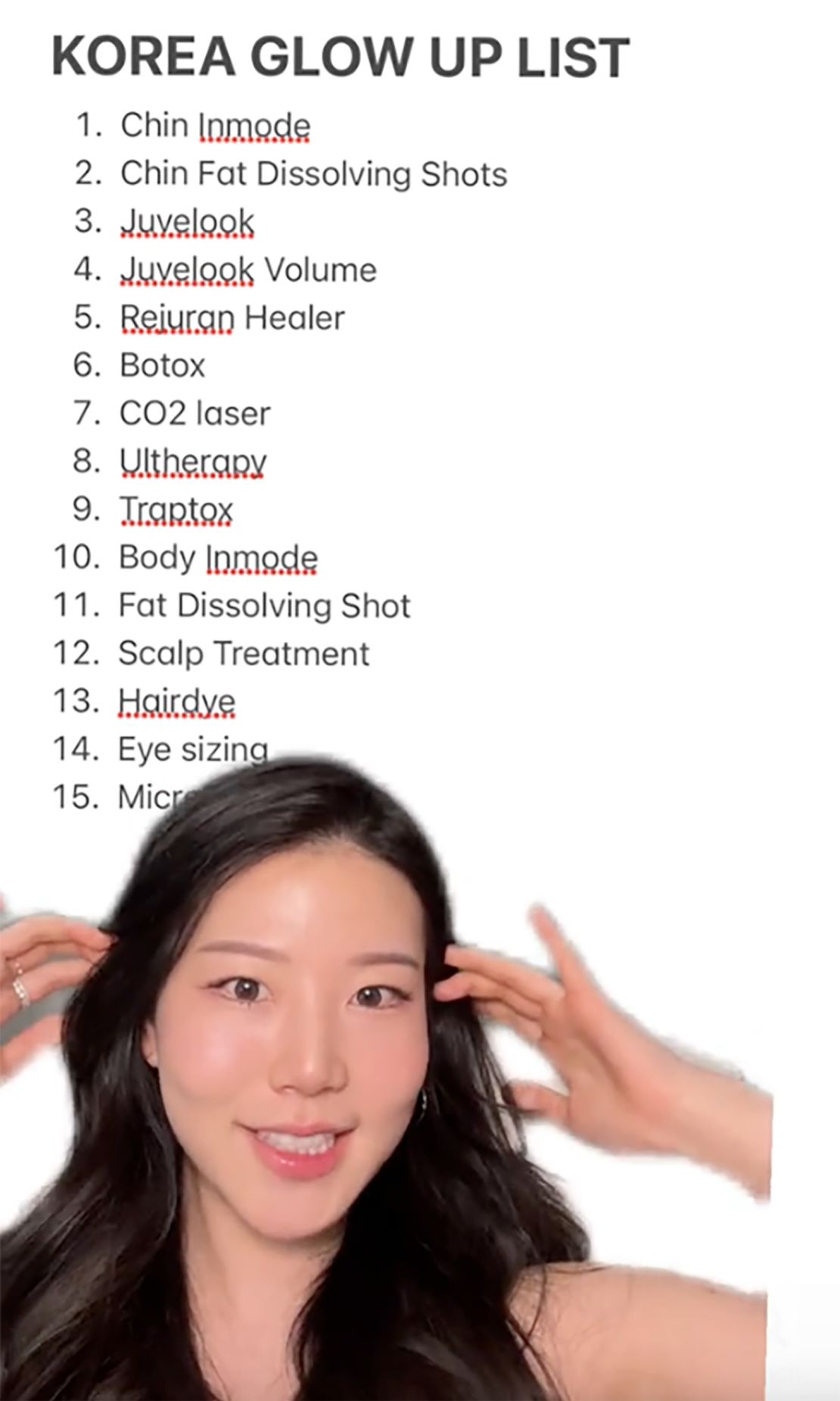 A screenshot from Lee's TikTok video where she explains the 15 beauty treatments she had done in Seoul.