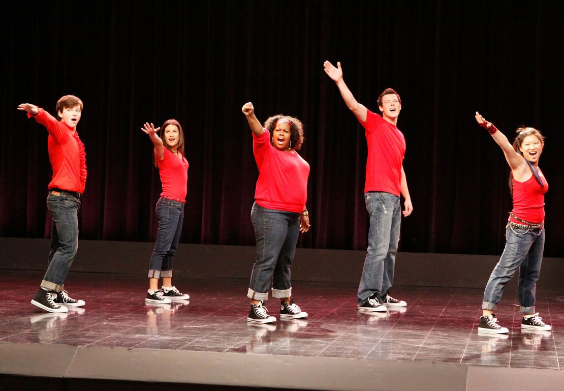 A scene from the pilot episode of "Glee," where the singers did an a capella version of "Don't Stop Believin'." Pictured are Chris Colfer, Lea Michele, Amber Riley, Cory Monteith and Jenna Ushkowitz.