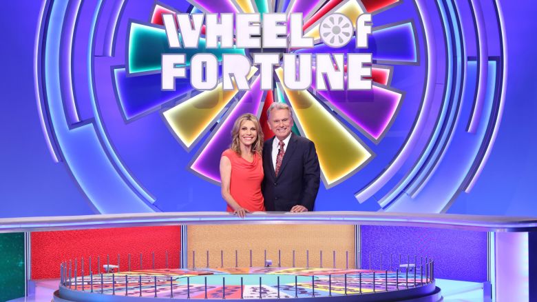Vanna White and Pat Sajak on the "Wheel of Fortune" set