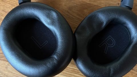 Details of Technics EAH-A800 headphones, earcups and pads showing how much compression the pad is wearing when worn
