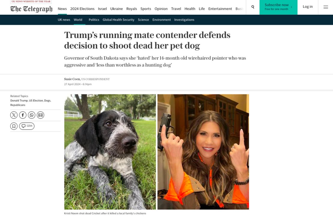 This screengrab shows a story from the Telegraph about Noem defending her decision to kill her dog. The story shows a photo of Reddit user LukeWarm273's dog, Blue, next to Noem.