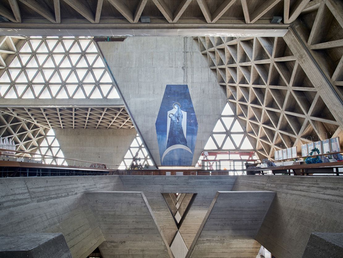 The concrete triangular motifs of the Templo Mariano di Monte Grisa, Trieste, Italy, completed in 1965.
