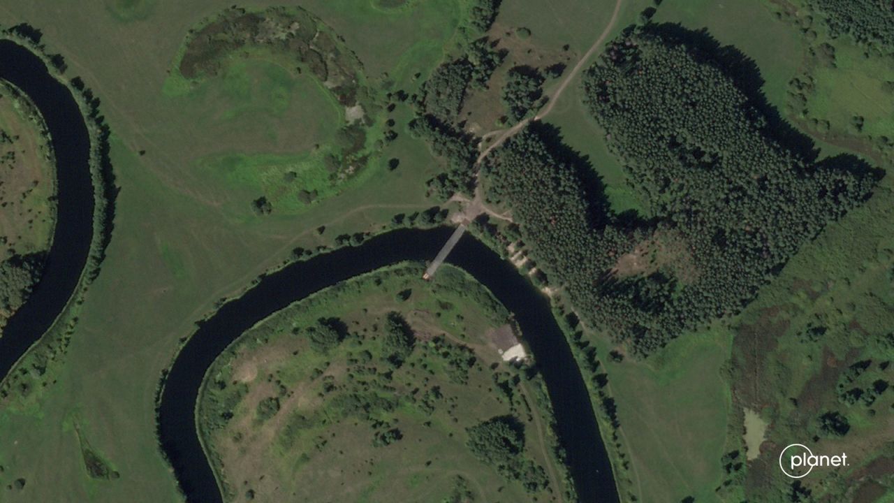 This satellite image shows a temporary bridge over the Seam River near Glushkovo, Russia on August 17, 2024.