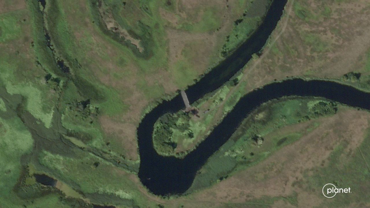 This satellite image shows a temporary bridge over the Seam River near Glushkovo, Russia on August 17, 2024.