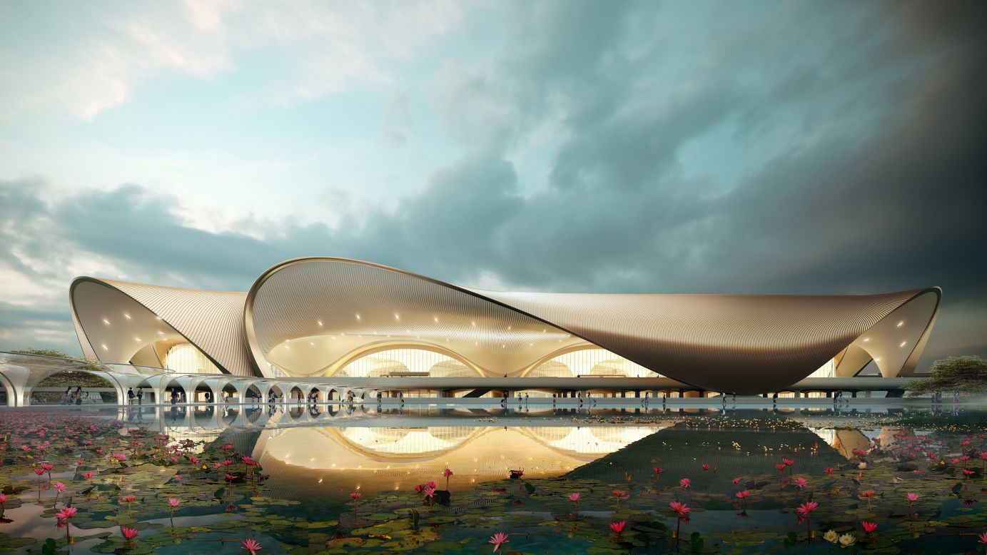 A rendering of the lotus-inspired Navi Airport, Mumbai.