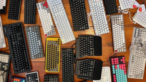 A large group of mechanical keyboards of various types and layouts.