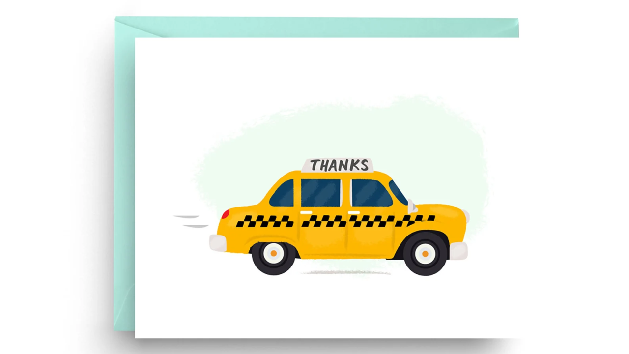 A yellow taxi on a thank you card.