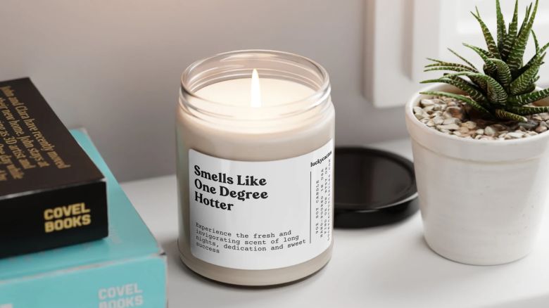 Smells Like One Degree Hotter candle next to a succulent and two books