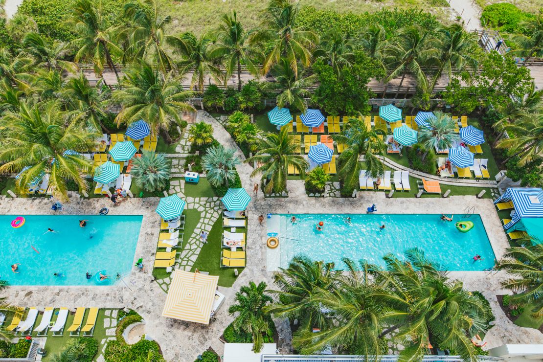 An aerial photo of the pool at The Confidante Miami Beach