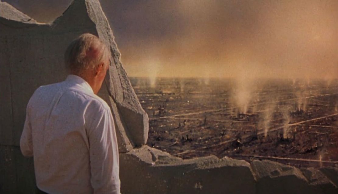 Dr. Russell Oakes (Jason Robards) surveils the destruction of Lawrence, Kansas, toward the end of 