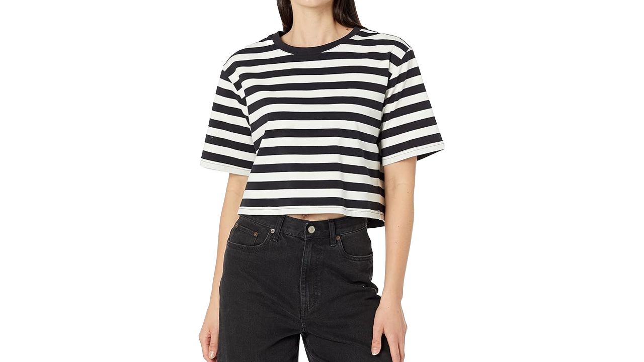 The Drop Sydney Short-Sleeve Cropped Crewneck T-Shirt in white and black stripes