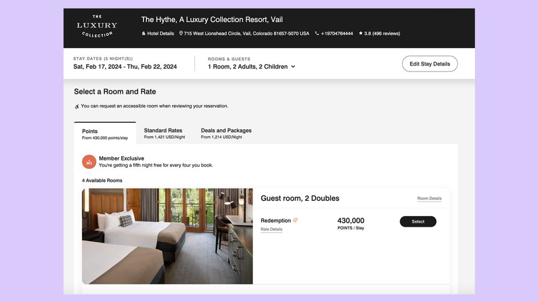 A screenshot of award night pricing at The Hythe in Vail, Colorado