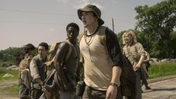 Joshua Odjick as Parker, Jordan Gonzalez as Harkness, David Jonsson as McVries, Cooper Hoffman as Garraty, and Charlie Plummer as Barkovitch in The Long Walk. Photo Credit: Murray Close/Lionsgate