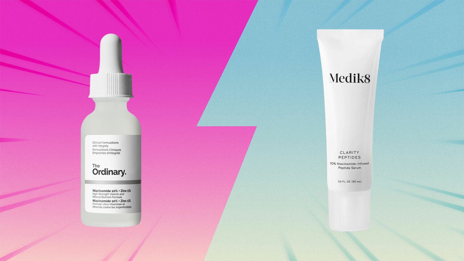 the ordinary niacinamide and zinc and medik8 clarity peptides serum on top of colorful gradient background 