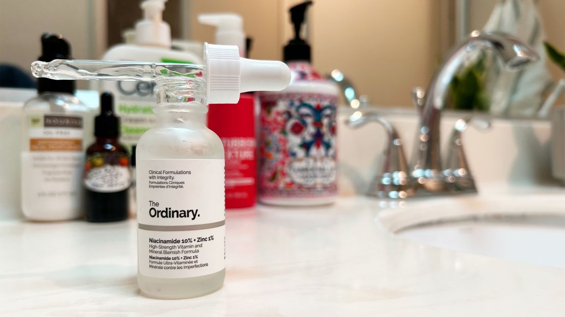 The Ordinary Niacinamide and Zinc Serum on the bathroom countertop