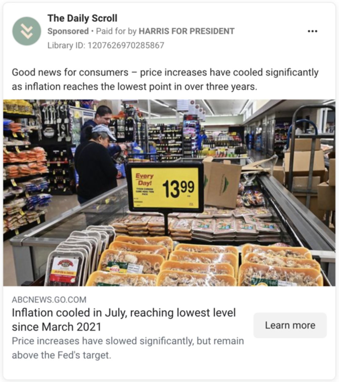 A Harris campaign advertisement on Facebook promoting an ABC News report on cooling inflation.