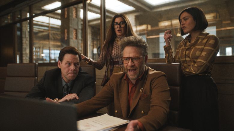 Episode 1. Ike Barinholtz, Kathryn Hahn, Chase Sui Wonders and Seth Rogen in "The Studio," premiering March 26, 2025 on Apple TV+.