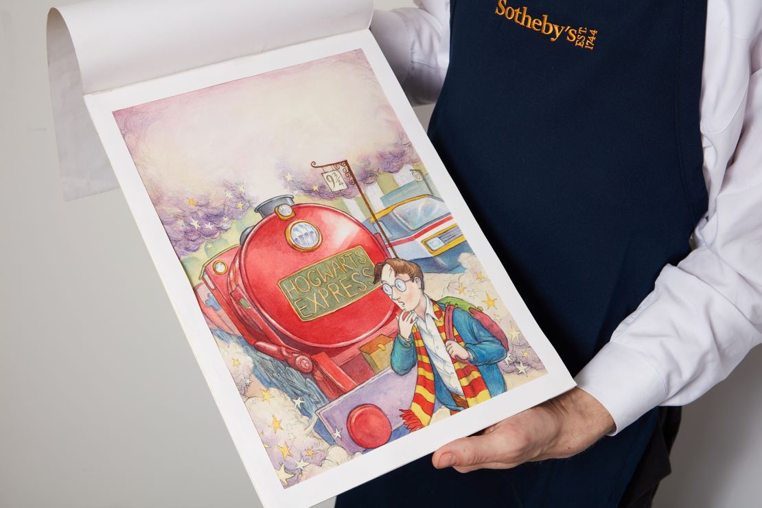 The watercolor illustration of fictional young wizard Harry Potter in front of the Hogwarts Express train sold for $1.9 million on June 26.