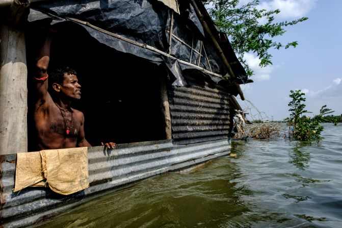 A villager stands in his half-submerged home during a flood in the Sundarbans, West Bengal. The photograph by Dipayan Bose won the mangroves and threats category.