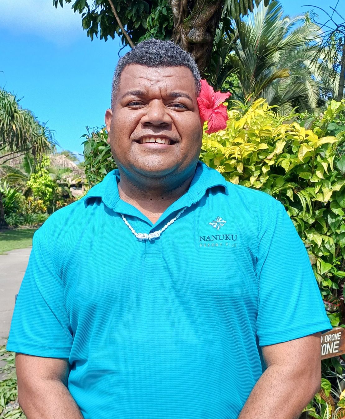 Cagi (pronounced "Tagi") Ratudamu at the Fijian resort where he works.