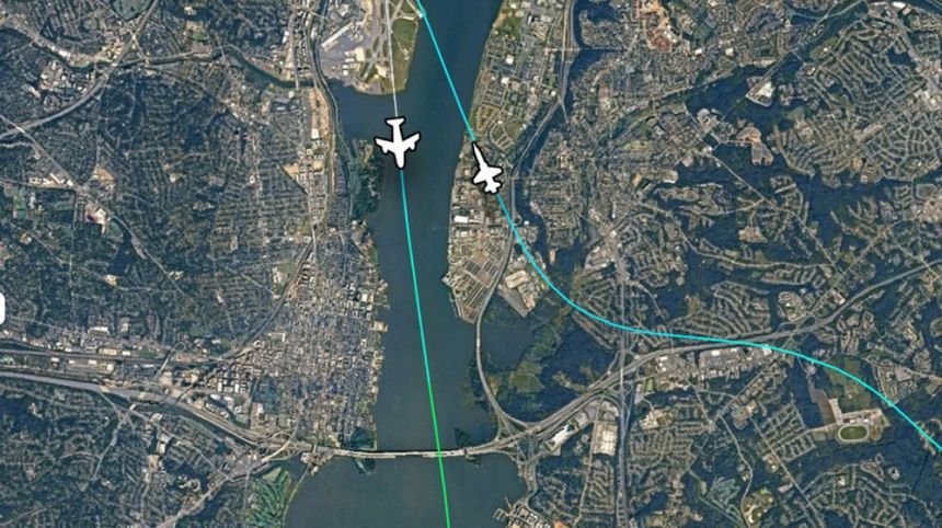 Flight tracking data and icons, added by CNN, show the approximate positions of a Delta plane taking off and a T-38 military jet approaching Ronald Reagan National Airport, outside of Washington, DC, on Friday, March 28, 2025. 