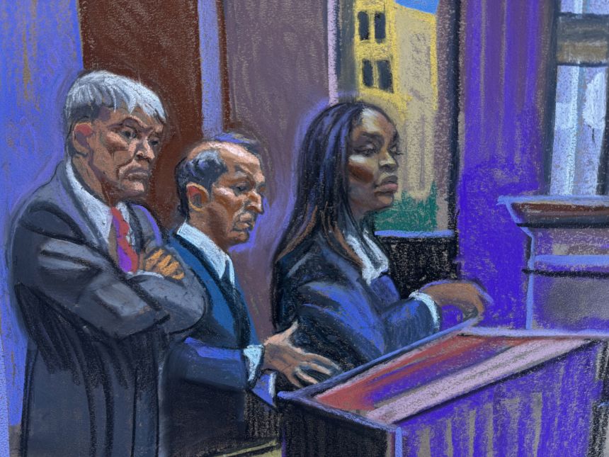 This sketch shows the inside of the courtroom in Norfolk, Virginia, on Friday, October 24, 2025, during the arraignment of New York Attorney General Letitia James.