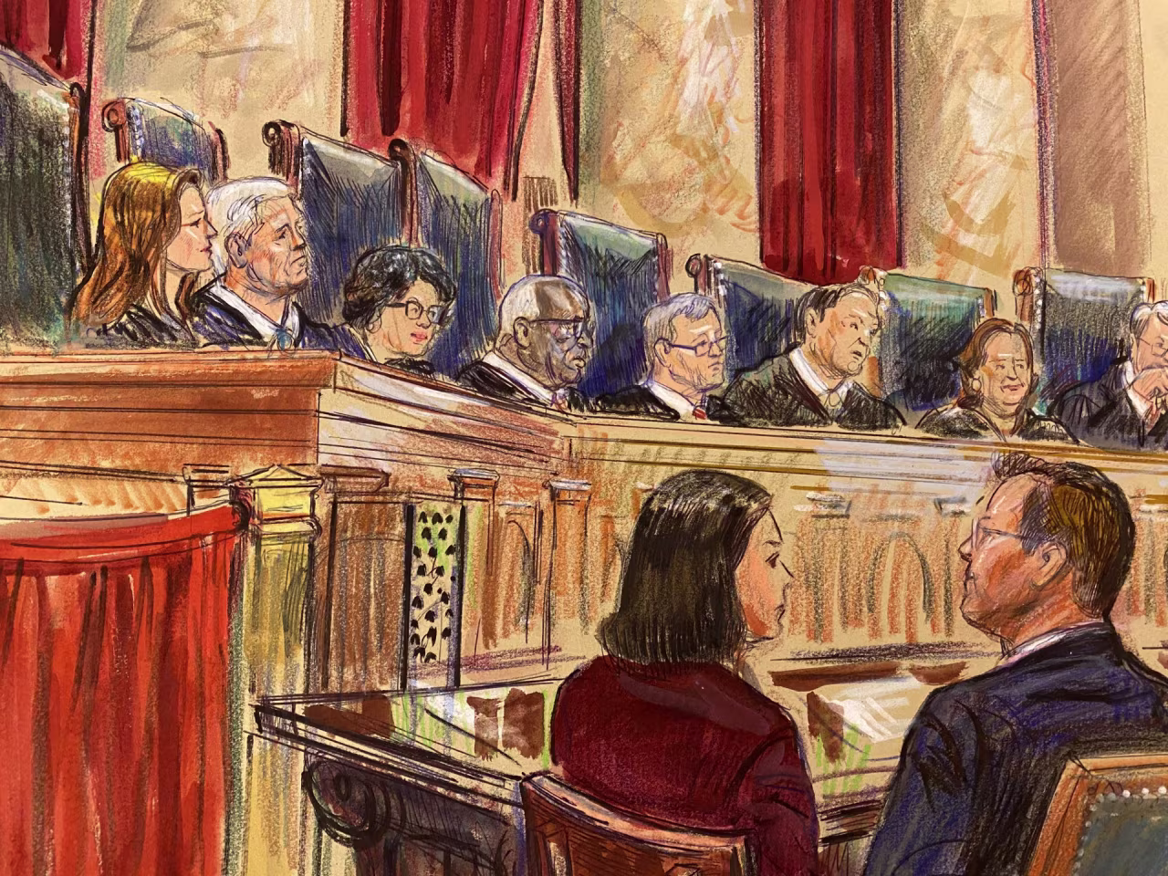This sketch shows the inside of the US Supreme Court in Washington, DC, during oral arguments on October 15, 2025.