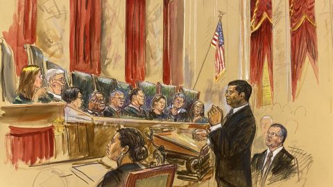 This sketch shows the inside of the US Supreme Court in Washington, DC, during oral arguments on October 15, 2025.
