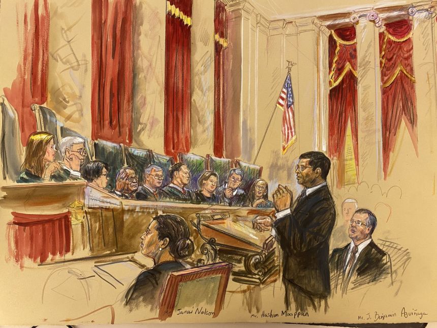 This sketch shows the inside of the US Supreme Court in Washington, DC, during oral arguments on October 15, 2025.