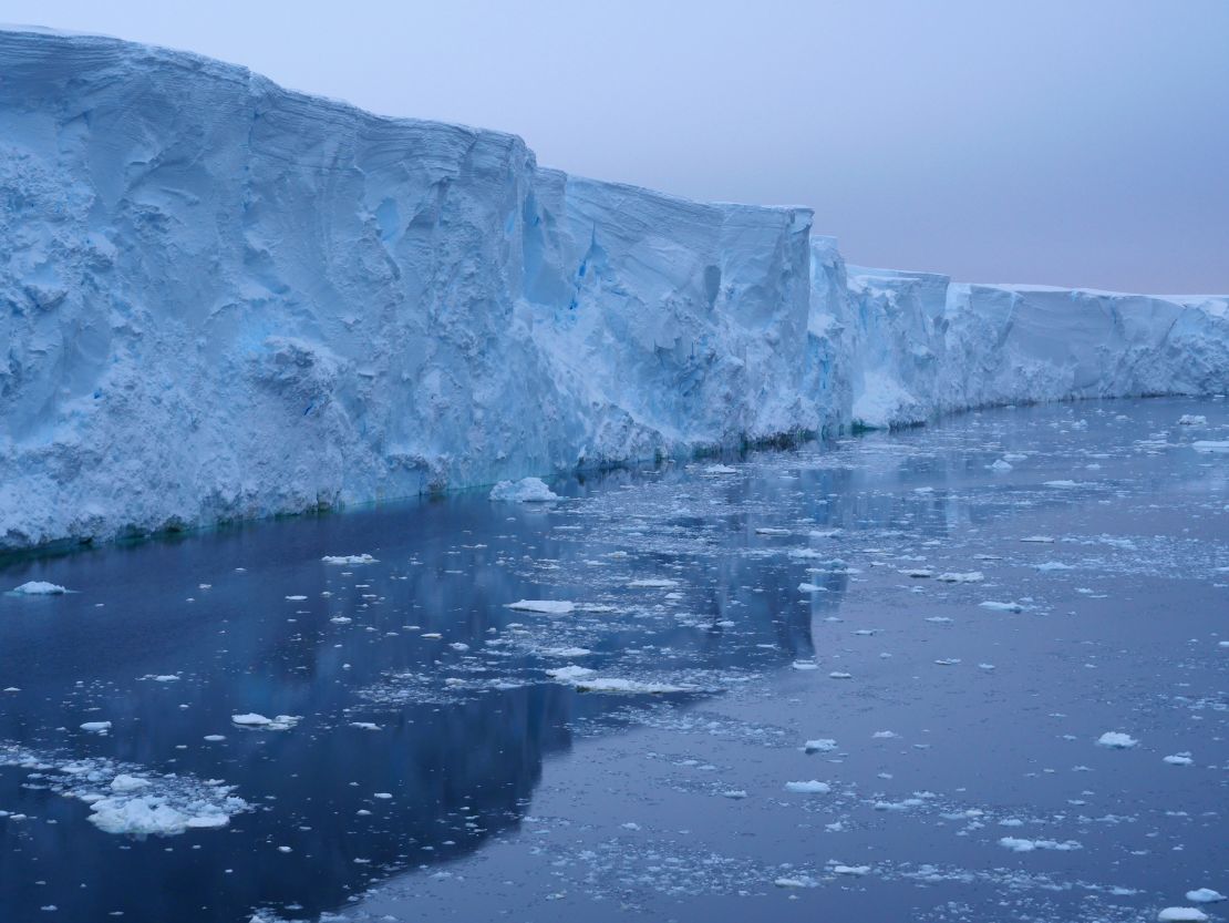 Photograph of the high cliffs of Thwaites Glacier taken from the British Antarctic Survey Twin Otter aircraft.