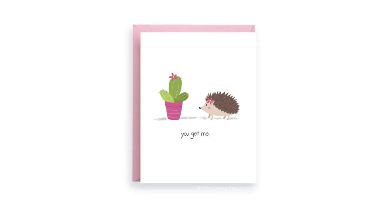 A hedgehog and a cactus on a thank you card.