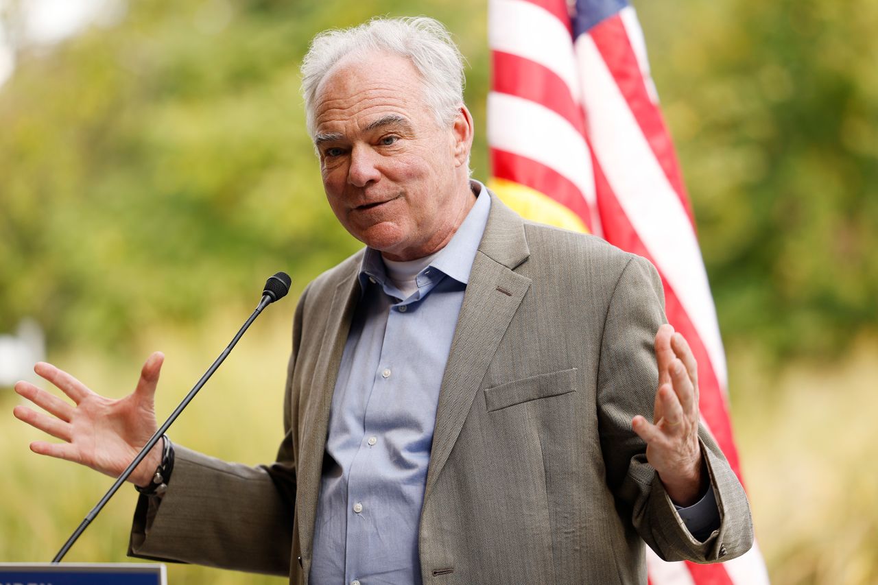 Sen. Tim Kaine gives remarks during a groundbreaking ceremony for the Long Bridge Project at the Long Bridge Aquatic Center on October 15 in Arlington, Virginia.