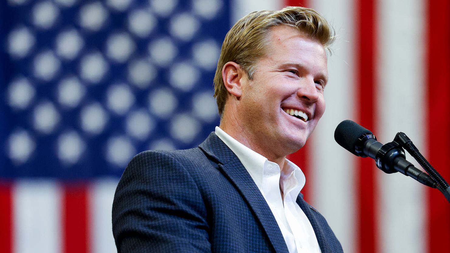 Montana Republican US Senate candidate Tim Sheehy speaks during a rally at Montana State University on August 9 in Bozeman, Montana.