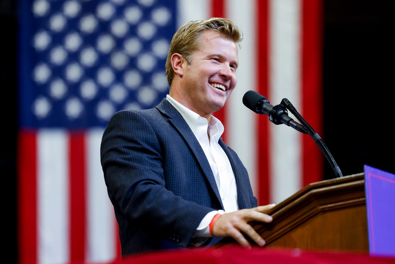 Montana Republican US Senate candidate Tim Sheehy speaks during a rally at Montana State University on August 9 in Bozeman, Montana.