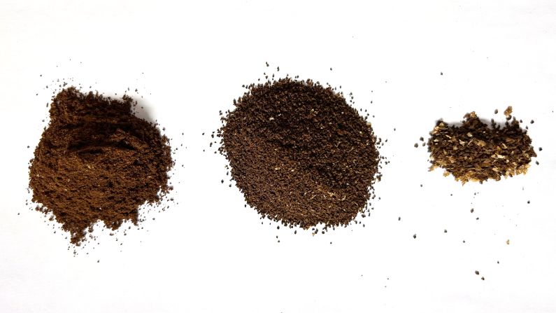 Three piles of coffee grounds from fine to coarse from the Timemore Chestnut C3